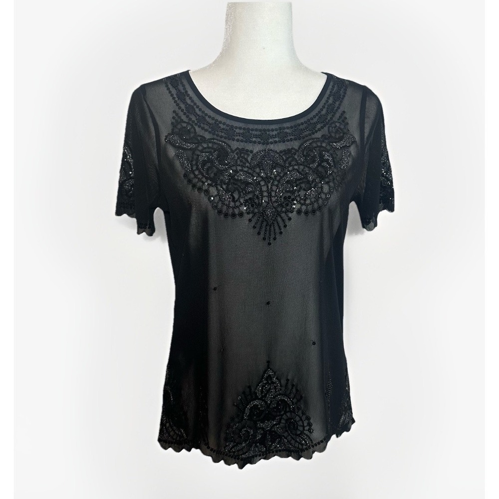Express‎ Sheer Top Black Embroidered Beaded Sm Whimsigoth Fairy Dark Romantic